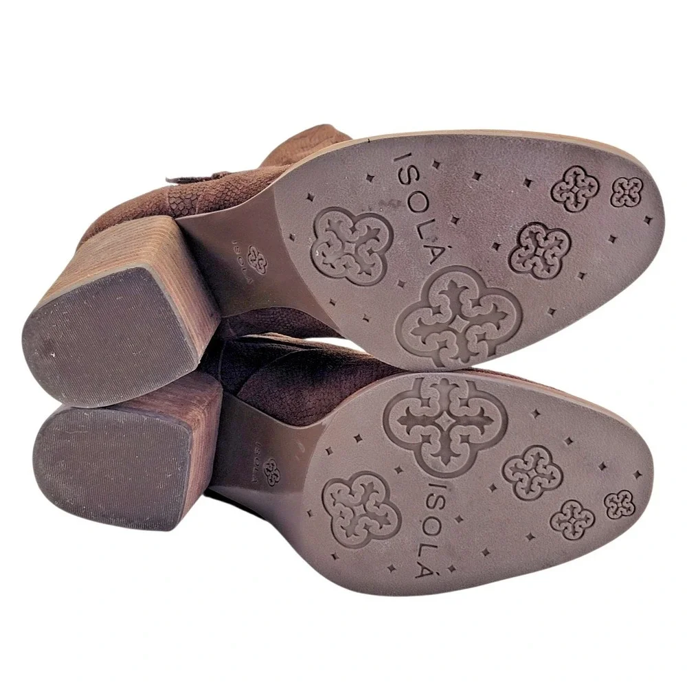 Isola‎ Lavoy Bootie Women's Brown Suede Block Heel Buckle Slip On Shoes Size 10M